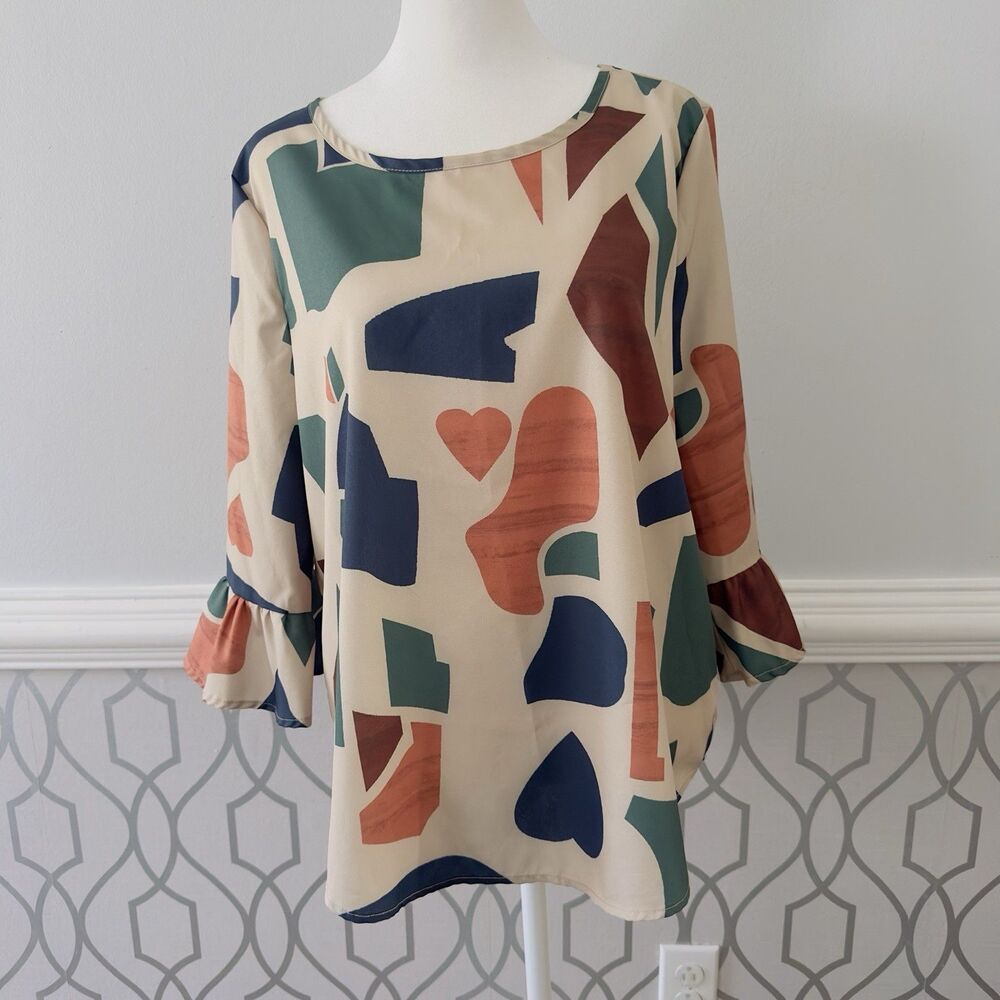 Emery Rose Bronze Green Navy Blouse 3/4 Bell Sleeve SZ L Geometric Classy Chic
